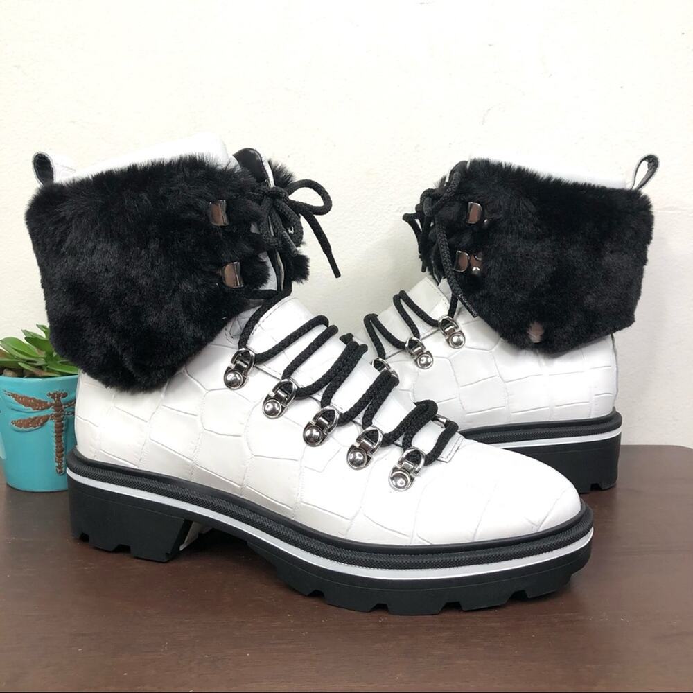 NEW Sigerson Morrison Macre2 White Black Leather Faux Fur Lace Up Winter Boots